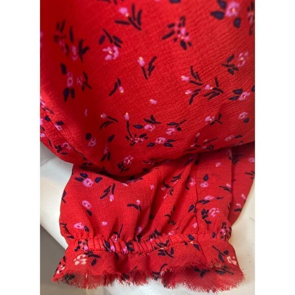 Free People Lolita Top Red Women's Keyhole Floral Pouf Square Neck Blouse Sz M - Picture 8 of 13